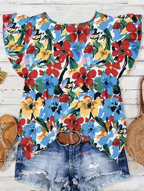 SHEIN Tops - Women’s Floral Ruffle Sleeve Top - Bright Multi